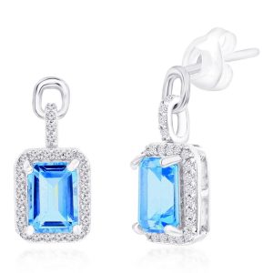 Sterling Silver, Emerald-Cut 5x7 Blue Topaz, White Topaz Border, Dangle Earrings