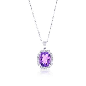 Sterling Silver, Amethyst, White Topaz Border Pendant w/ Chain