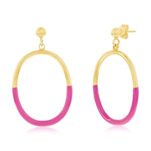 Sterling Silver, Rose Violet Enamel Oval Earrings - Gold Plated