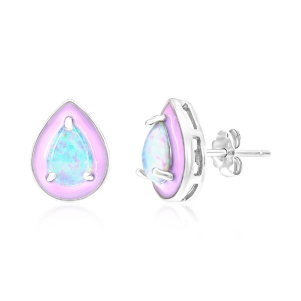 Sterling Silver White Opal & Pink Enamel Pearshaped Studs
