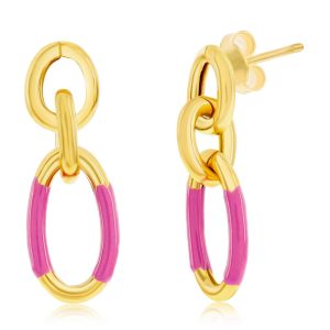 Sterling Silver, Rose Violet Enamel Dangle Earrings - Gold Plated