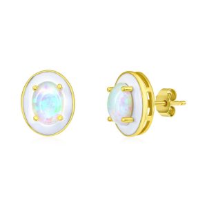 Sterling Silver White Opal & Enamel Oval Studs - Gold Plated