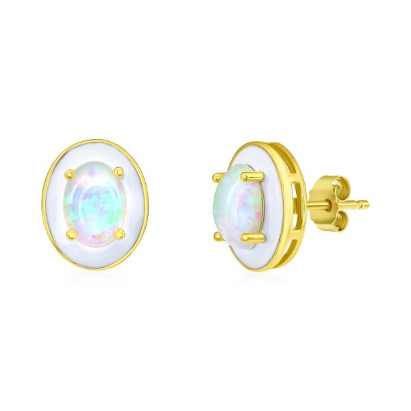 Sterling Silver White Opal & Enamel Oval Studs - Gold Plated