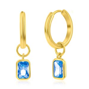 Sterling Silver, 'March' Rectangle CZ Charm Hoop, Gold Plated Earrings - Aquamarine