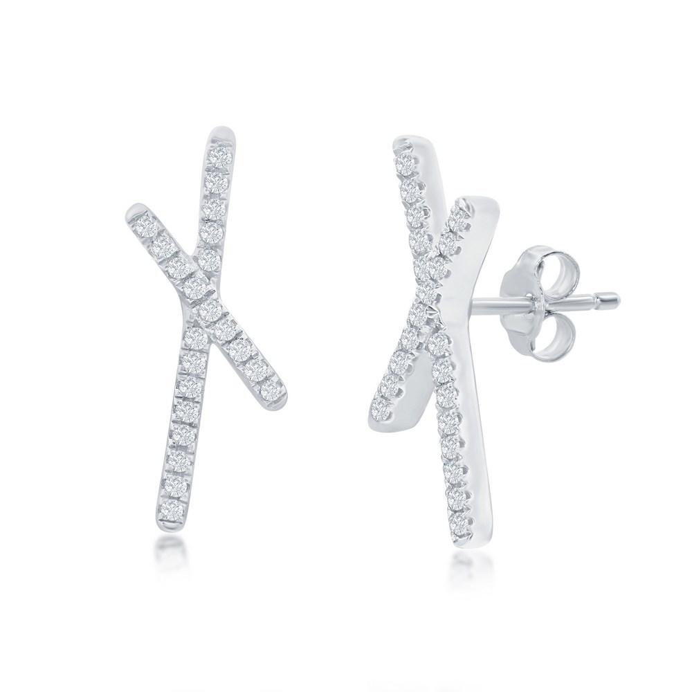 Sterling Silver, 'X' Design Diamond Studs - (44 Stones)