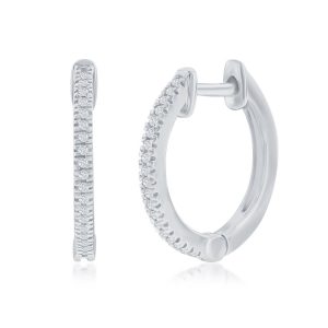 Sterling Silver,15mm Huggie Diamond Earrings - (38 Stones)