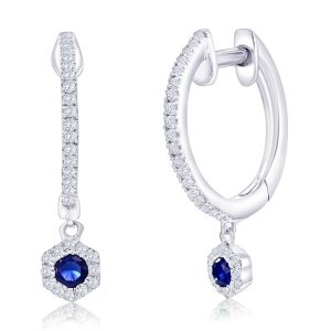 Sterling Silver, Lab-Grown Sapphire Hexagon Charm & Natural Diamond Huggies - (64 Stones)