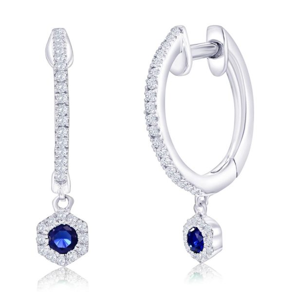 Sterling Silver, Lab-Grown Sapphire Hexagon Charm & Natural Diamond Huggies - (64 Stones)