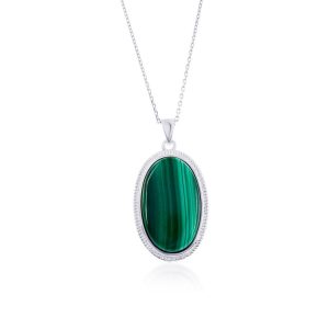 Sterling Silver, Oval Malachite, Beaded Border Pendant