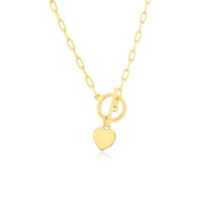 Sterling Silver Heart Charm Paperclip Toggle Necklace - Gold Plated