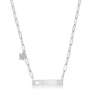 Sterling Silver, CZ Paperclip Bar Neckace - Butterfly Charm