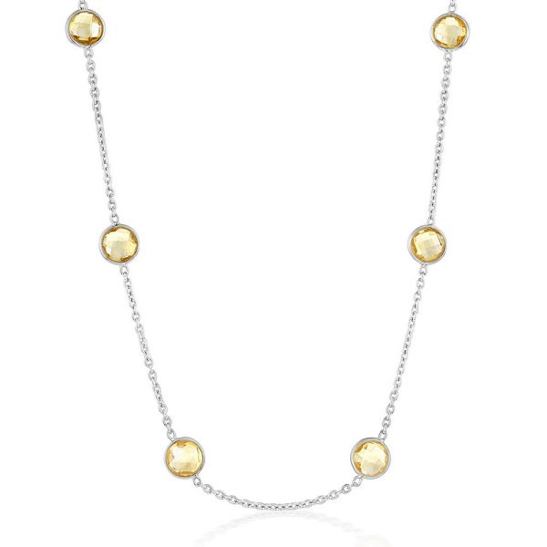 Sterling Silver Bezel-Set 7mm Round Gemstone Station Necklace - Citrine (10.70cttw)