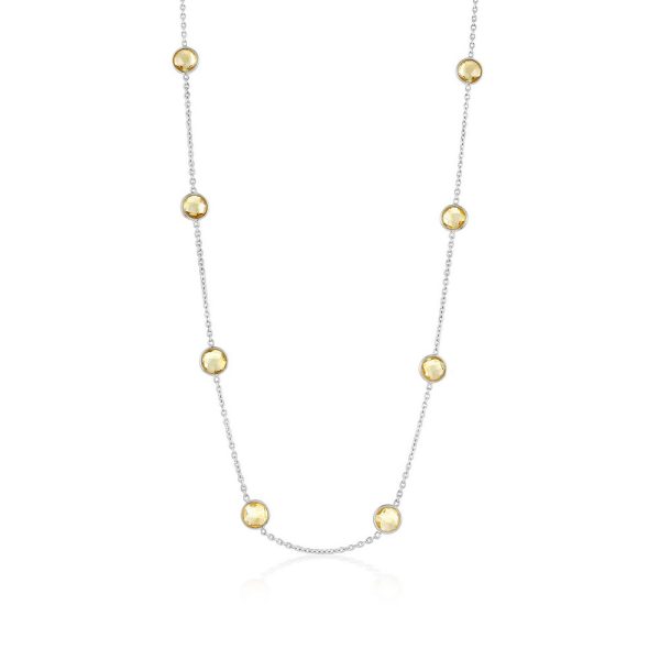 Sterling Silver Bezel-Set 7mm Round Gemstone Station Necklace - Citrine (10.70cttw)