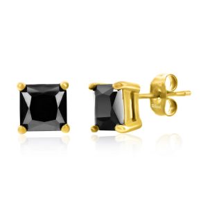 Stainless Steel, 8mm Square Black CZ Studs - Gold Plated