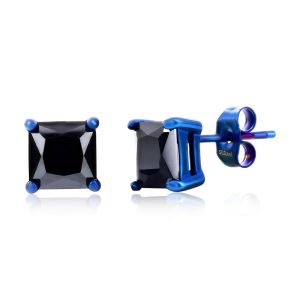 Stainless Steel, 8mm Square Black CZ Studs - Blue Plated