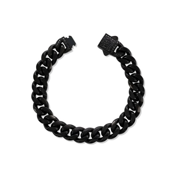 Stainless Steel, 12mm Miami Cuban, CZ Lock Bracelet - Black Plated