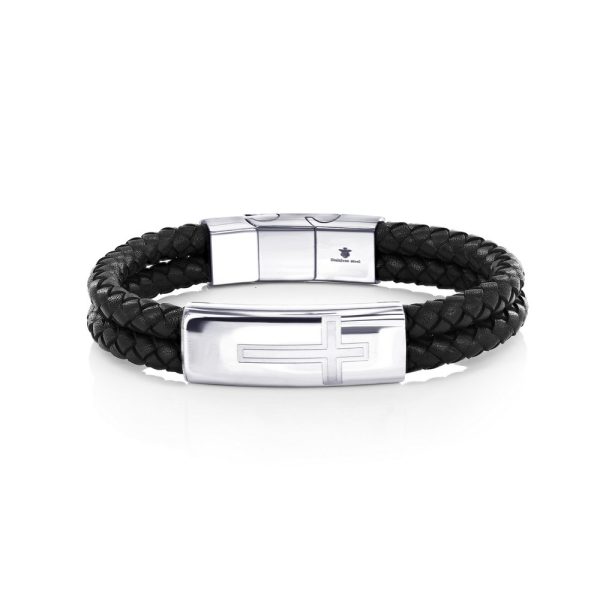 Stainless Steel, Double Leather Strand, Cross Design Bracelet - Black & Silver