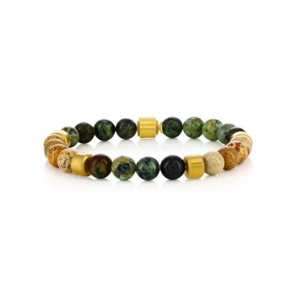 Stainless Steel, 8mm Genuine Bead Bracelet - African Turquoise & Jasper