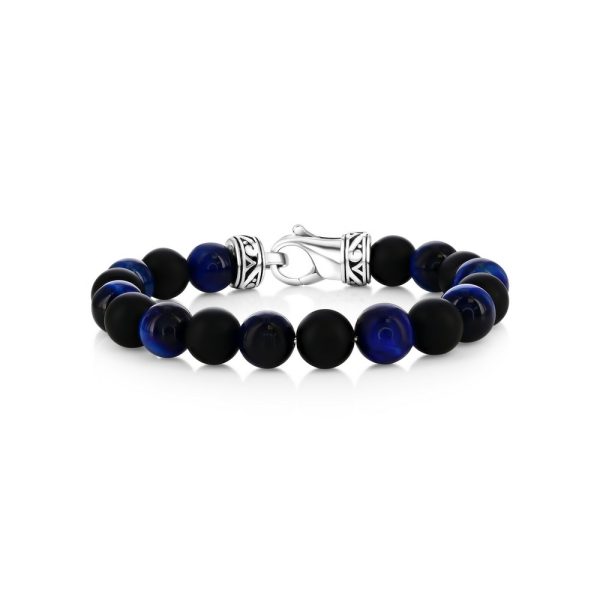 Stainless Steel, 10mm Alternating Genuine Bead Bracelet - Blue Tiger Eye & Onyx