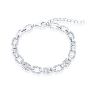 Sterling Silver, Alternating Polished & Oval CZ Link Bracelet