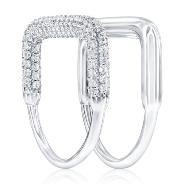 Sterling Silver, Double Band, Polished & Micro Pave CZ Square Style Ring