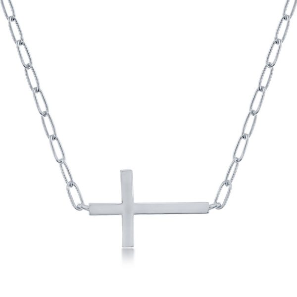 Sterling Silver, CZ Sideways Cross Paperclip Necklace