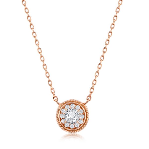 Sterling Silver Round CZ Rope Design Border Necklace - Rose Gold Plated