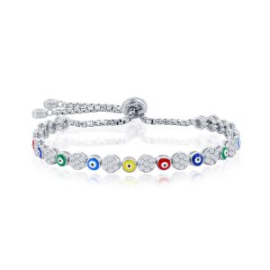 Sterling Silver Alternating CZ & Multi-Color Enamel Evil Eye Adjstable Bolo Bracelet