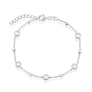 Sterling Silver, Bezel-Set CZ & Bead Bracelet - White