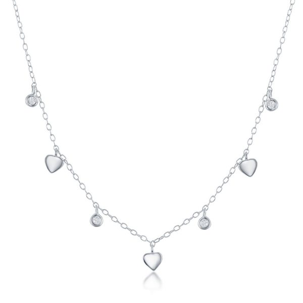 Sterling Silver Alternating Mini Heart & Bezel-Set CZ Necklace