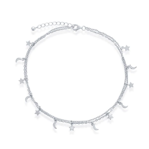Sterling Silver, Moon and Star Double Strand Anklet