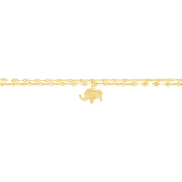 Sterling Silver, Double Strand Mirror Chain w/Elephant Charm Anklet - Gold Plated