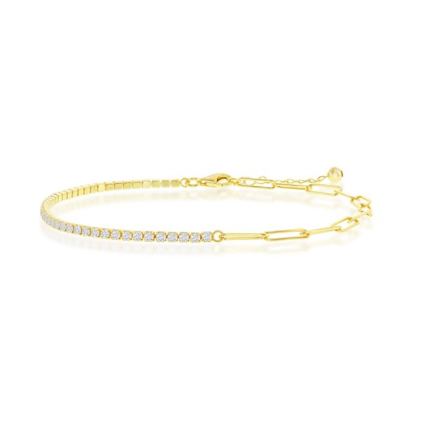 Sterling Silver, 2mm Half Tennis & 3.5mm Paperclip Anklet - Gold Plated