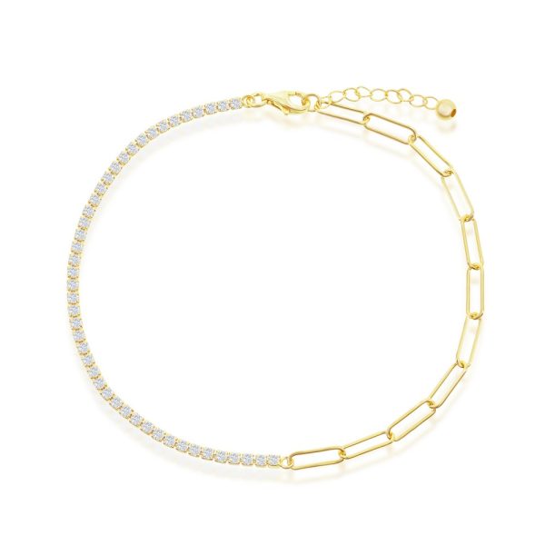 Sterling Silver, 2mm Half Tennis & 3.5mm Paperclip Anklet - Gold Plated
