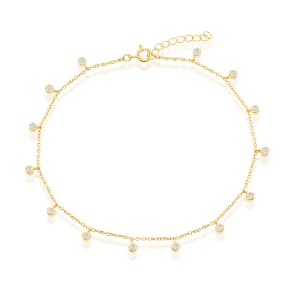 Sterling Silver, Bezel-Set CZ Charms Anklet - Gold Plated