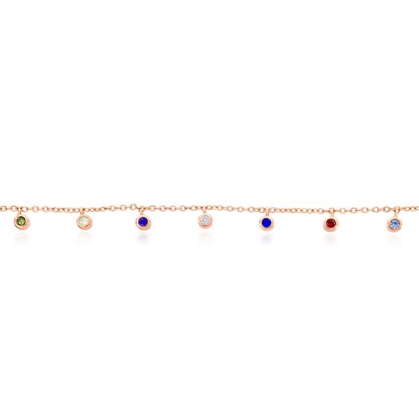 Sterling Silver, Bezel-Set Rainbow CZ Charms Anklet - Rose Gold Plated